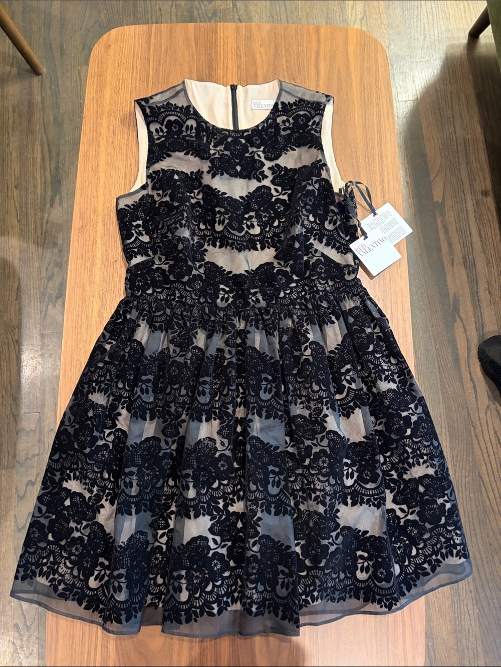 RED Valentino Black Floral Lace Overlay Dress on Nude Base
